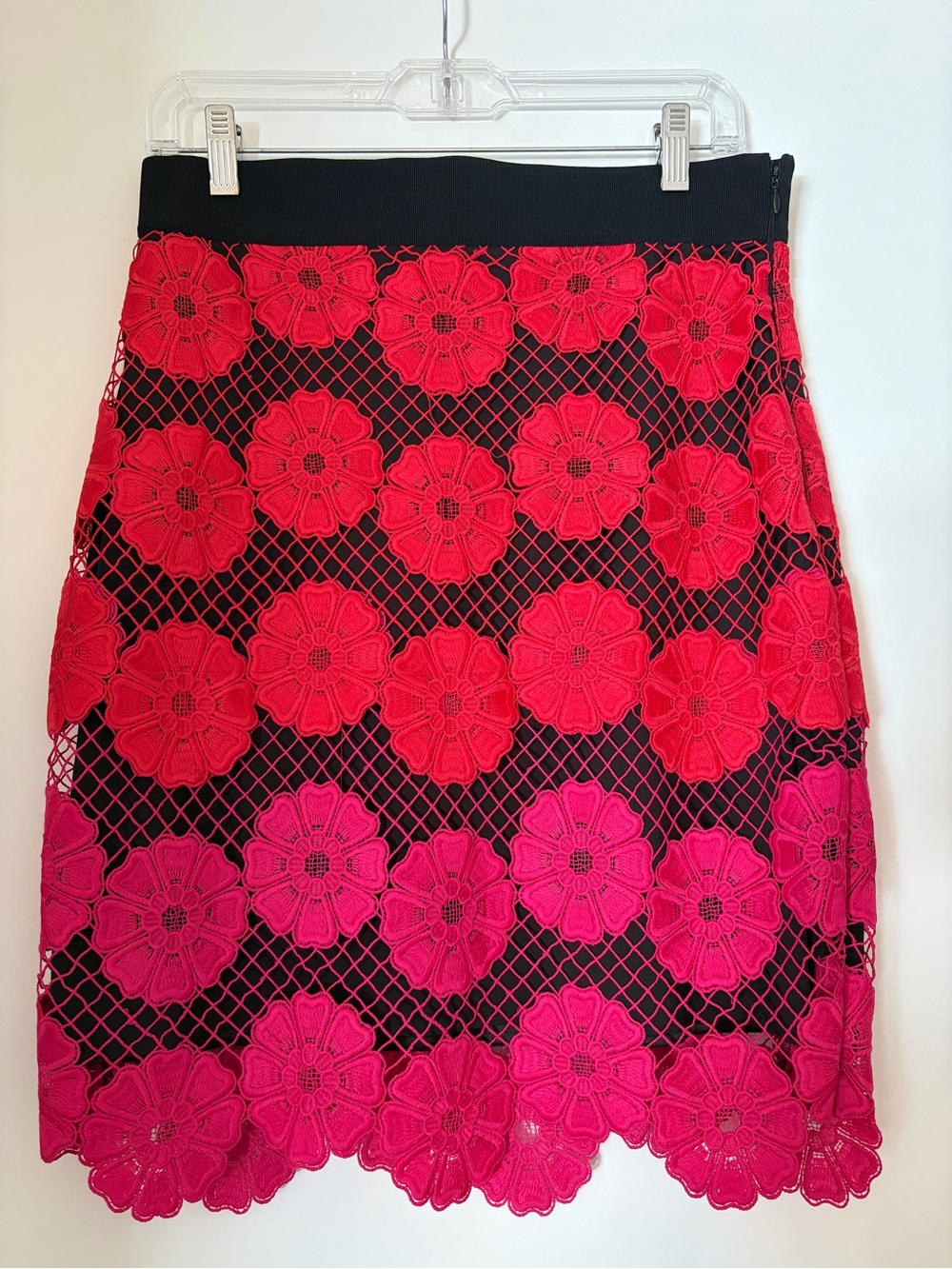 Milly Floral Lace Overlay Pencil Skirt in Red and Pink